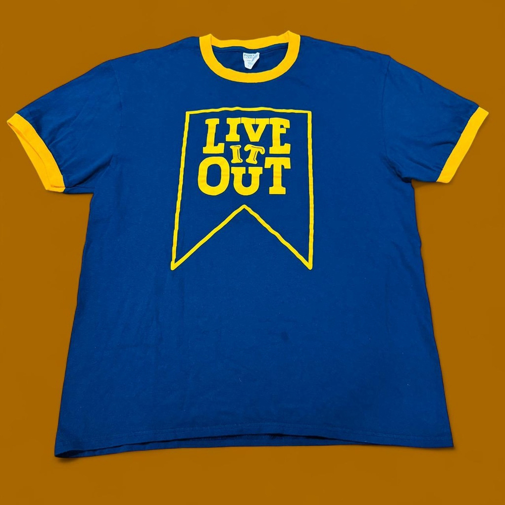 Vintage Y2K LIVE IT OUT Navy Blue Yellow Motivational Tee Men’s Large